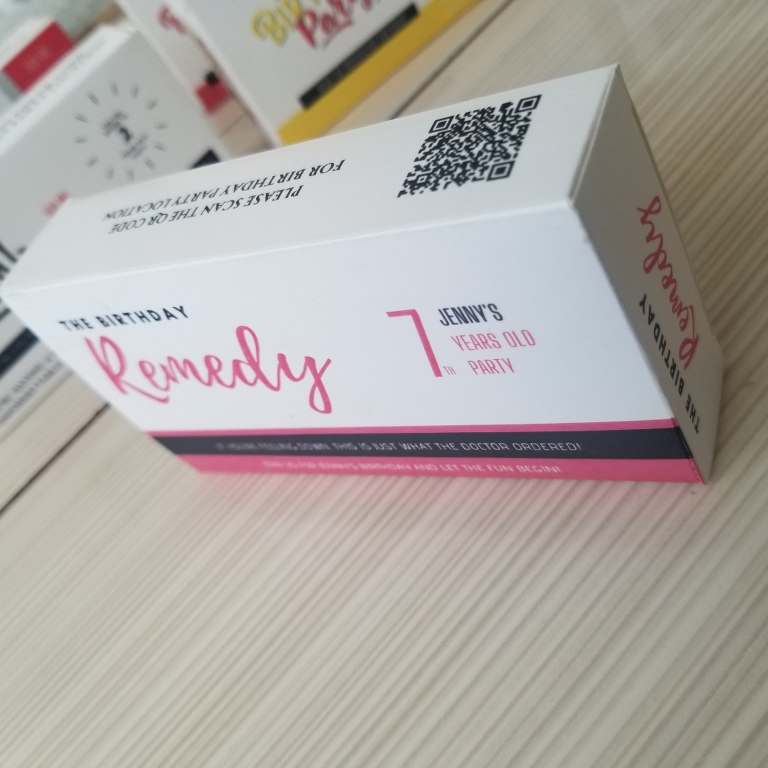 The Birthday Remedy ilaç kutusu davetiyesi